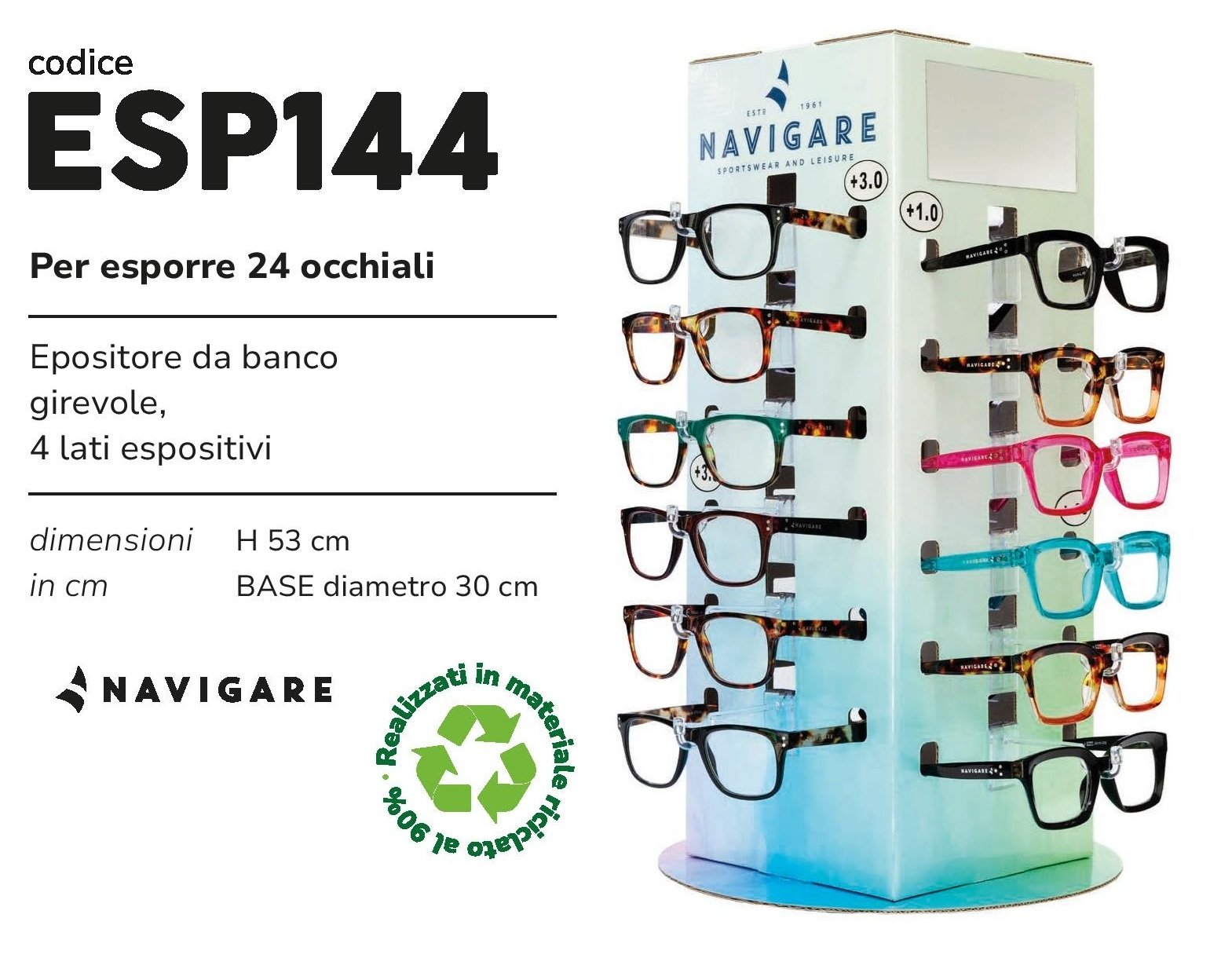 NAVIGARE Espositore X NAL ROTANTE da BANCO 024 fori [ESP144] 4 lati H53 base dia. 30 cm